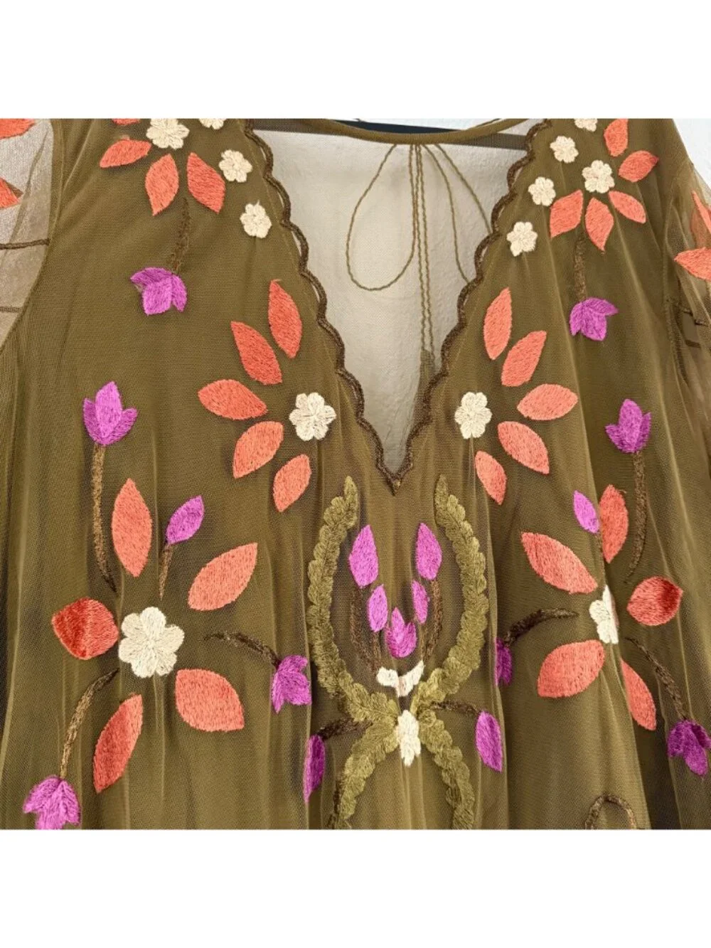 Free People Olive Hearts Are Wild Floral Embroidered Mini Dress Womens Large - Picture 4 of 8